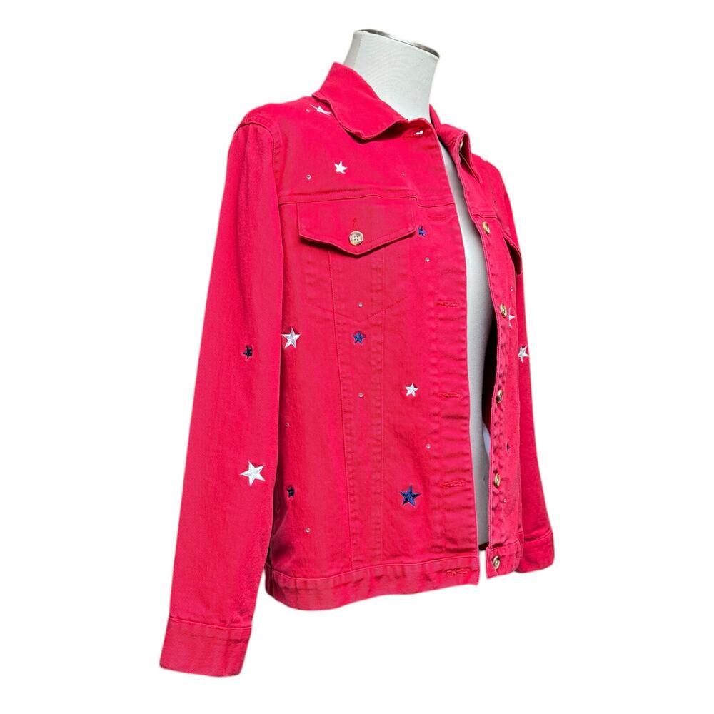 The Quacker Factory Denim Jacket Stars Rhinestones Red Small - Picture 6 of 8
